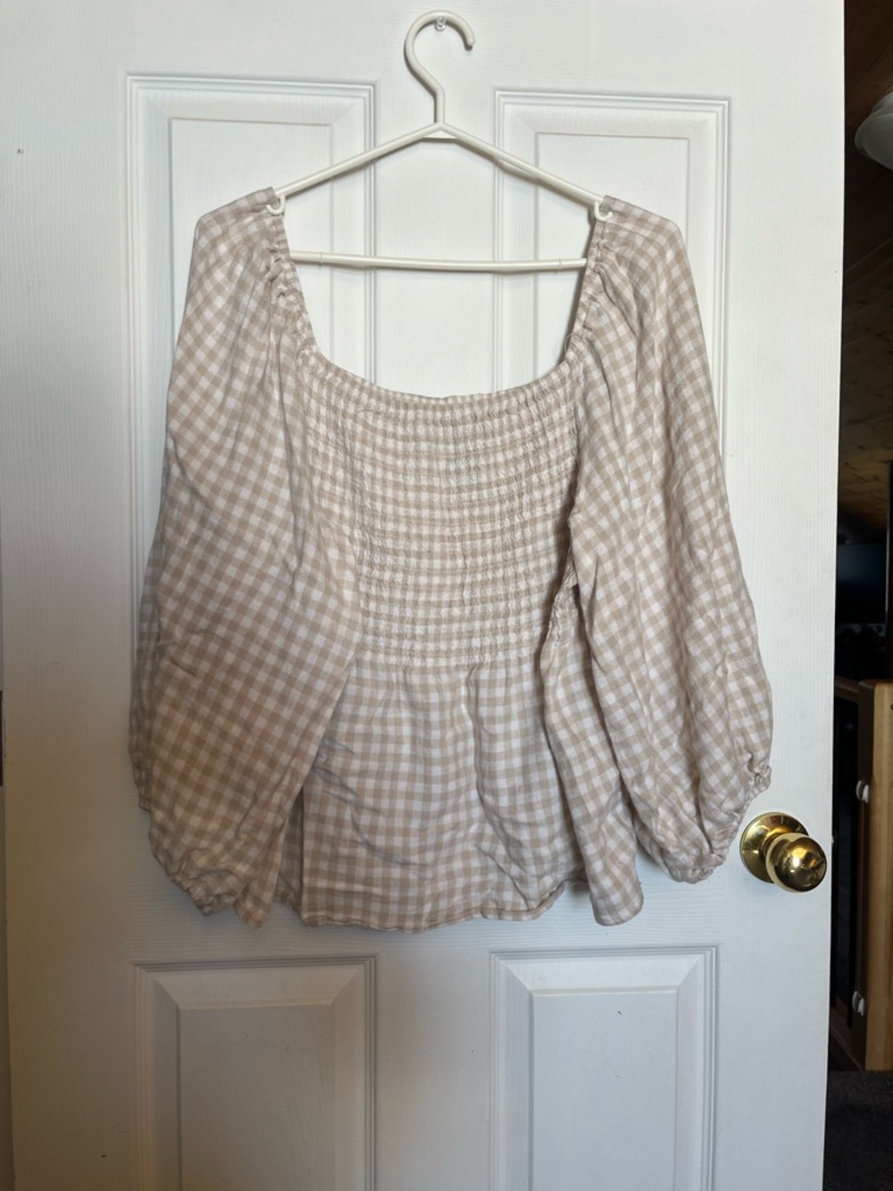 Gingham Smocked Peasant Blouse in Beige